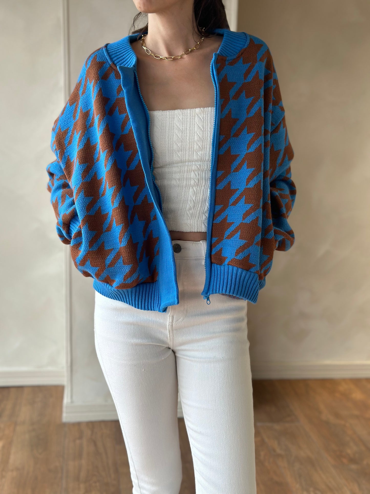 Blue Houndstooth Bomber Jacket