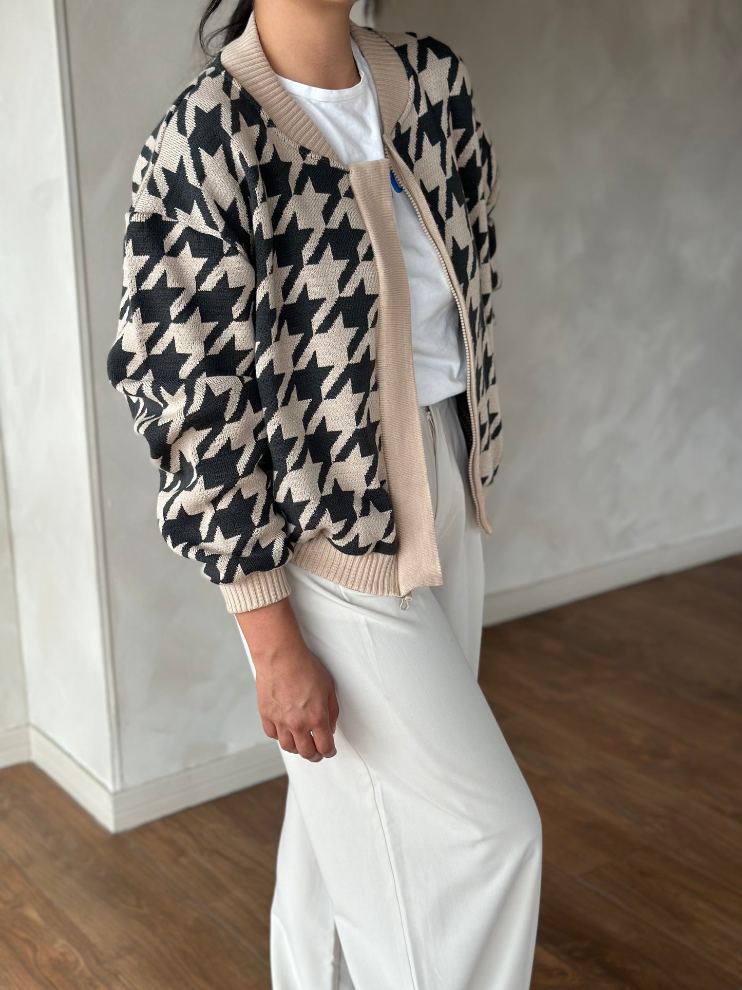 Beige Houndstooth Bomber Jacket