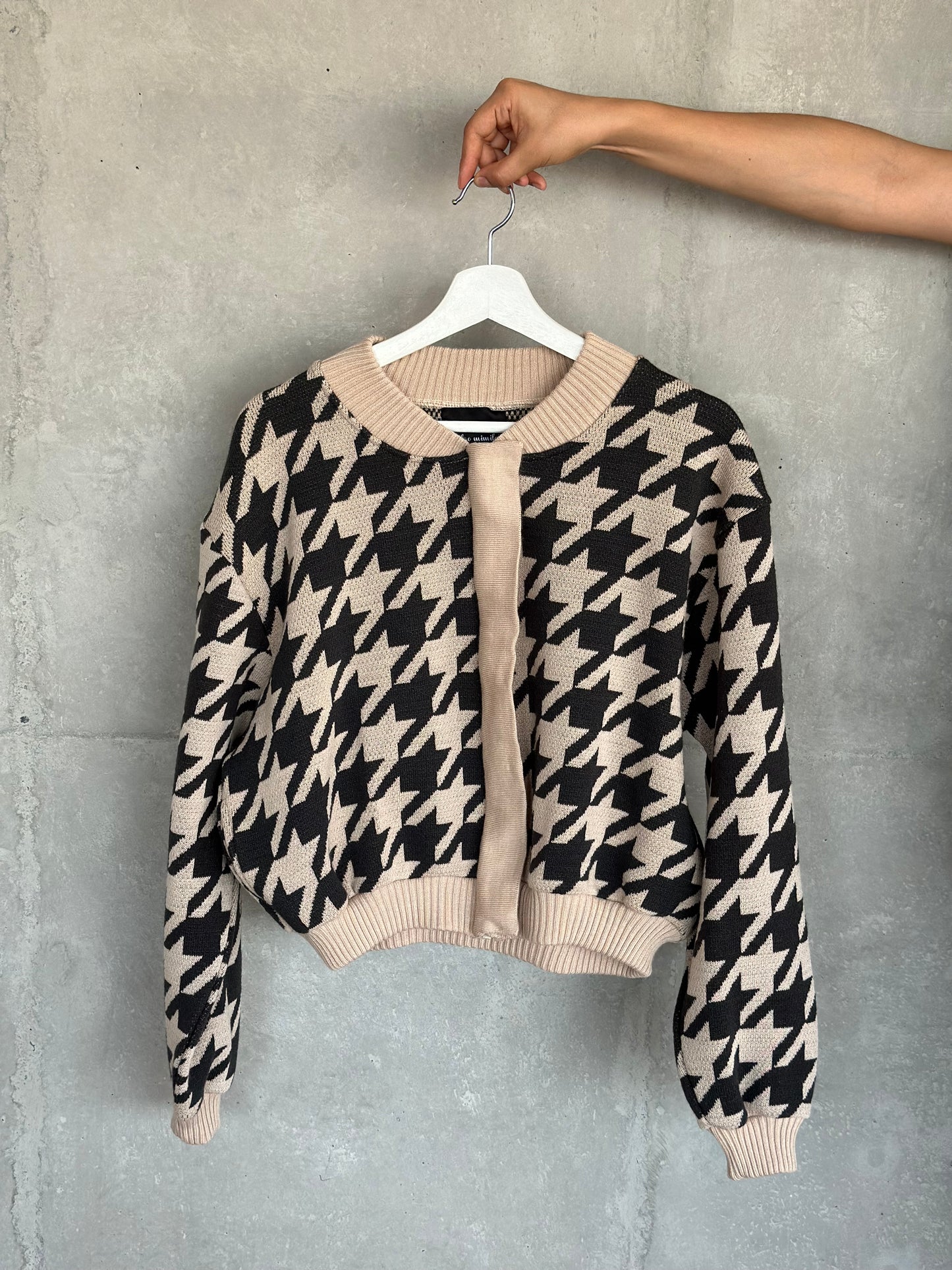 Beige Houndstooth Bomber Jacket